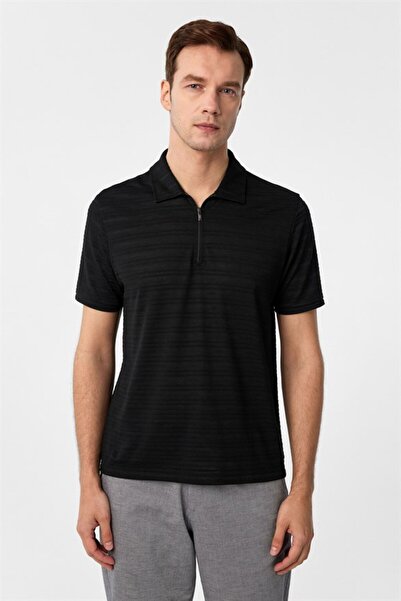 SÜVARİ Siyah Slim Fitilli Polo Yaka Tişört