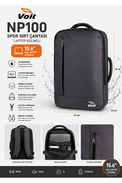 Voit NP100 Su Geçirmez Spor Sırt Çantası Laptop Bölmeli Notebook Okul İş Seya...