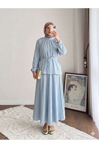 Miraydın Butik طقم تنورة نسائية كبيرة الحجم من الموسلين مع حزام خصر M2676 - أ...