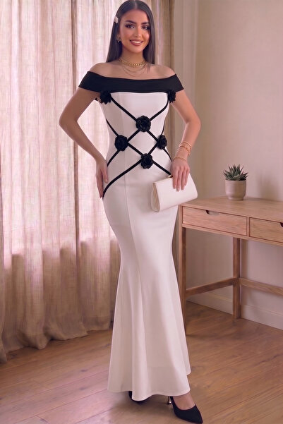 ALFUDO Moda Collection فستان سهرة مزين بالزهور من إليزا فستان أسود