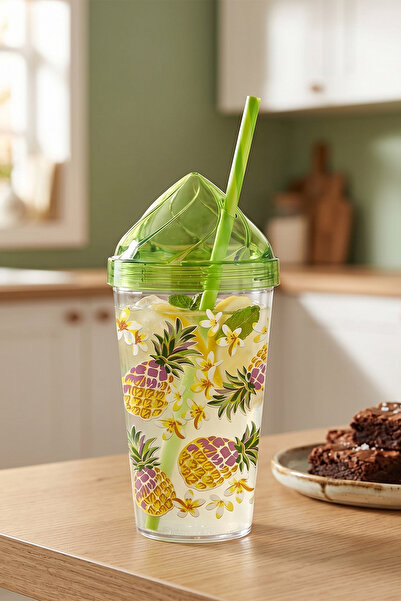 Porsima 660 Cc Kristal Kapaklı Renkli Ananas Desenli Pipetli Bardak