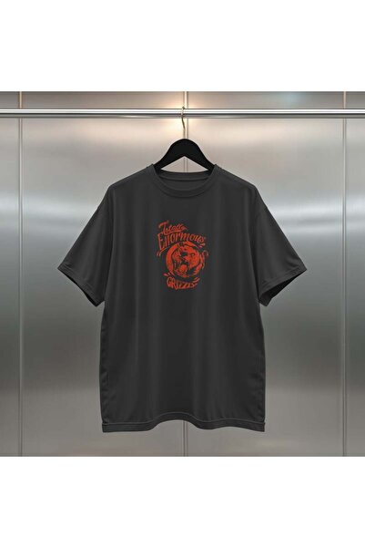 buzagi tasarım ürünleri Grizzly Bear Digital Print Oversize Unisex Black T-Shirt