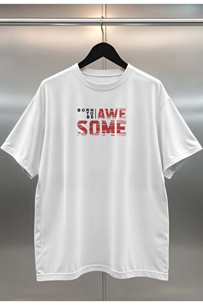 buzagi Born to Be Digital Print Oversize White Unisex T-Shirt