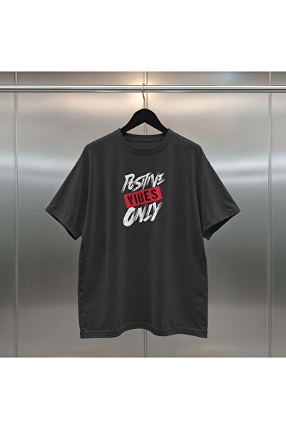 buzagi tasarım ürünleri Positive Vibes Digital Print Oversize Unisex Black T-...
