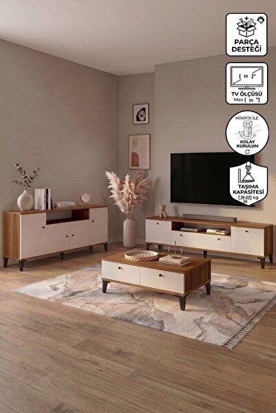 Yurupa Valaris Tv Ünitesi Orta Sehpa Konsol Takımı Modern Ayaklı 3'lü Set Cev...