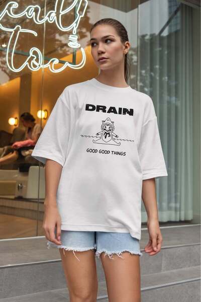 buzagi tasarım ürünleri Drain Oversize Mold Unisex White T-Shirt