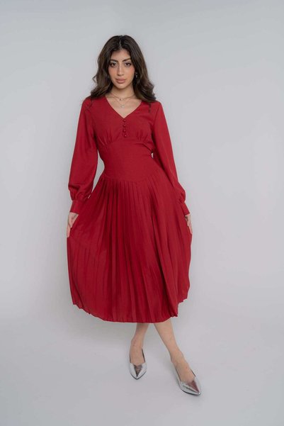 Nichii Solid V-Neck Midi Dress with Flared Sleeves