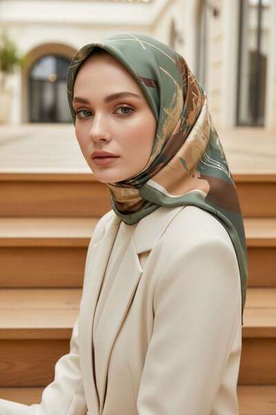 Vissona %100 Twill İpek Geometrik Desenli Çağla - Bakır Renkli 90x90 Eşarp Di...