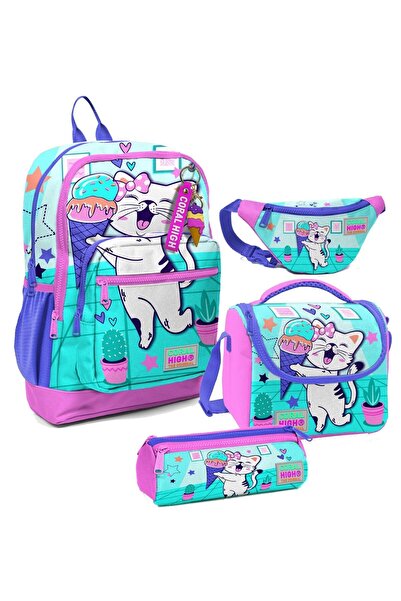 Coral High Turquoise Pink Cat Patterned Primary School School Bag and Waist B...