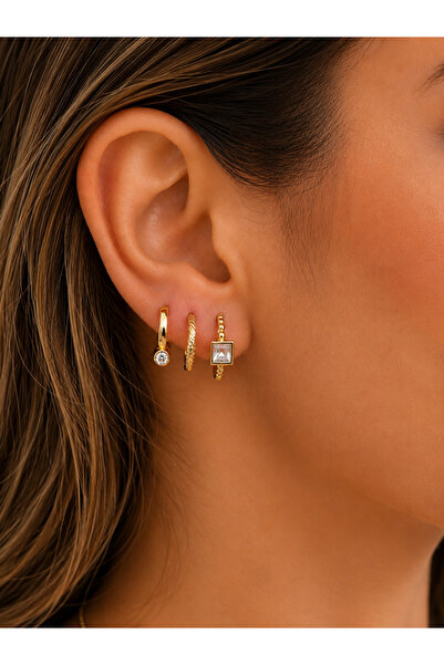 Ebravia White Stone Zircon Detailed 3-Piece Gold Earring Set Stainless Steel ...