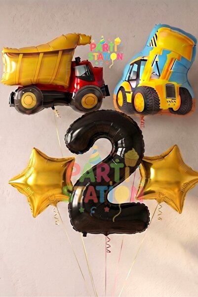 Parti Station Kamyon Dozer Kepçe Inşaat 2 Yaş Balon Set Yıldız Balon Set Kamy...