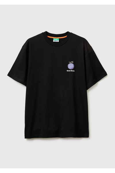 United Colors of Benetton Men's Black 100% Cotton Graphic Printed Logo Label ...