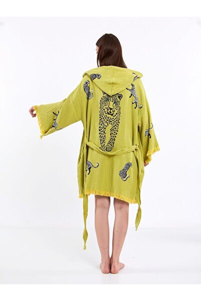 Befera Design Müslin Kimono %100 Pamuklu Leopar Desenli Yağ Yeşili Pareo Born...