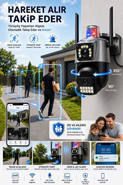 Ventus ICSee 223 6MP Dual Lens 355° Görüş Hareketli   Gece Görüş Sesli Görüşme Akıllı Kamera Çakarlı Alarm