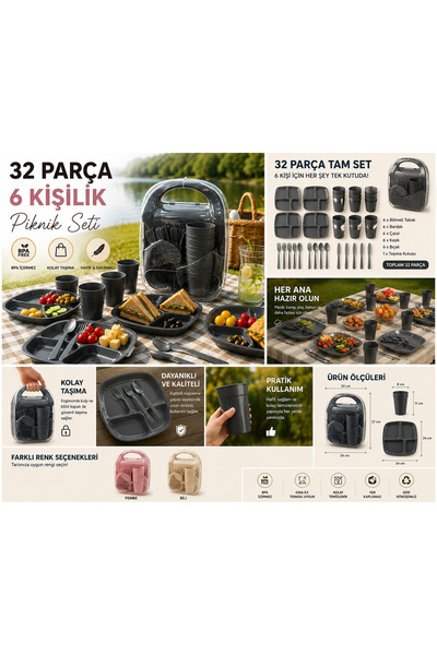 OLİAHOME 32 Parça 6 Kişilik Piknik Seti- Taşınabilir Çantalı Piknik Seti-Kamp...