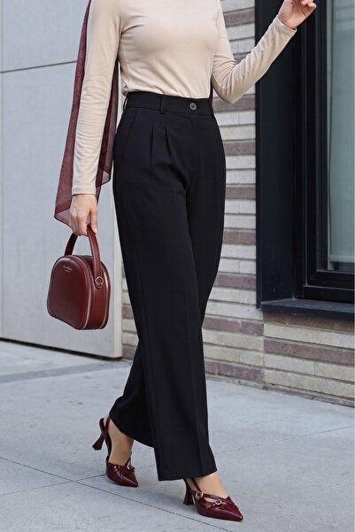 Modamorfo Single Button Trousers with Fold Detail on the Front and Pockets - ...