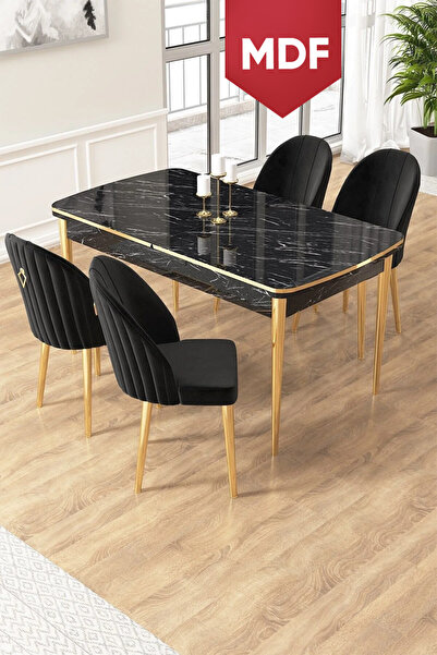 Canisa Edaf Serisi 80x132 MDF Açılabilir Siyah Mermer Desen Mutfak Masa Takım...