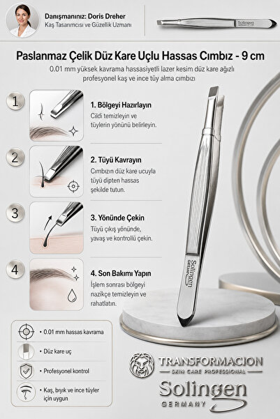 Transformacion Çelik Düz Kare Uçlu Hassas Cımbız - 9 cm Profesyonel Kaş, Bıyık ve İnce Tüy Alma Epilasyon Cımbızı Solingen Professional 718477