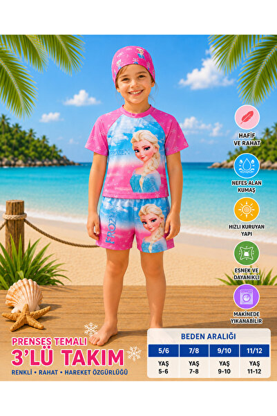 rony pony kids Kız Çocuk UV Korumalı Mayo Takımı Şapkalı 3 Parça