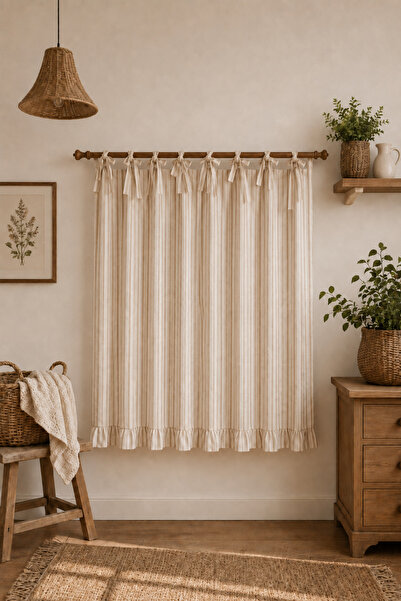 Mirilliahome Perdea decorativă rustică cu volane, cu fundă în dungi bej și si...