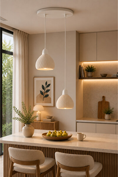 Limon 3D Desing Vena 2'li Sarkıt Avize Yuvarlak Tepsili Krem Başlık Modern Beton Görünümlü E27 Uyumlu Dekoratif Avize