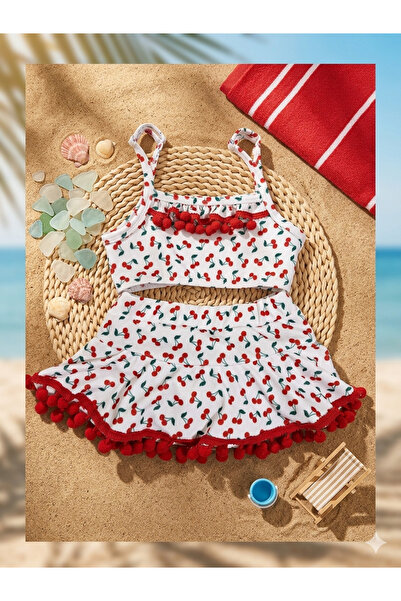Purple Kids Kirazlı Ponpon Detaylı Kız Çocuk Bikini Takımı