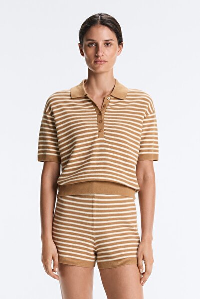 Oysho %100 pamuklu çizgili örgü polo t-shirt