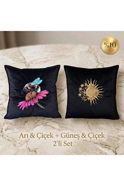 harmony factory Bee & Sunflower 2-Piece Throw Pillow Set - Embroidered Decora...