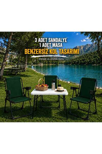 Armarks 3 Adet Katlanır Bardaklıklı Kamp Sandalye ve Masa Seti,Taşınabilir Pi...