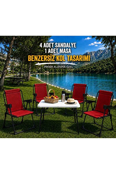 Armarks 4 Adet Katlanır Bardaklıklı Kamp Sandalye ve Masa Seti,Taşınabilir Pi...
