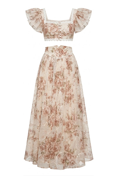 Julidress Premium Design Chiffon Set with Lace Detail, Flounce Sleeves, Crop ...