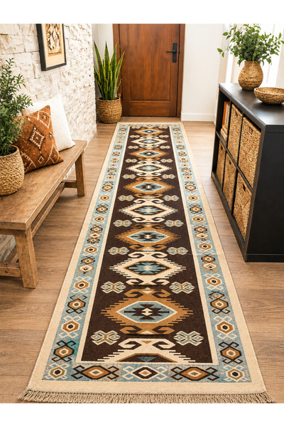 OEM .Covor tradițional, dimensiune 80 x 300 cm maro și crem, model Geometric 03