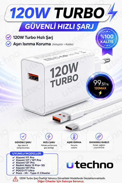utechno 120W (WATT) Turbo Hızlı Şarj Adaptör+Kablo(Set) Tüm Telefonlarla Uyum...