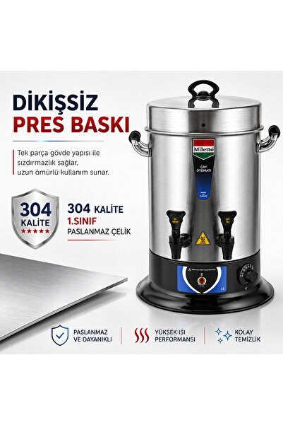 Miletto 120 Bardak Profesyonel Sanayi Tipi Paslanmaz Çelik Çay Makinesi 12 Lt Mr23