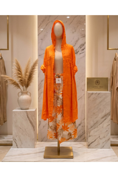 İthal Kadın Pembe Tropikal Yaprak Desenli Yırtmaçlı Pantolon Kimono Keten Takım