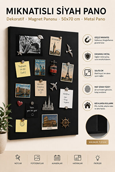 Dünya Magnet Magnet Panosu, Dekoratif Mıknatıslı Pano, Siyah, Metal Pano, 50x...