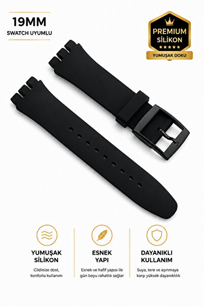 onlinekordon Swatch Uyumlu Içten Içe 19mm Siyah Silikon Saat Kordonu Kayışı