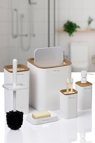 Okyanus Home Mina Due Beyaz Çizgili Kare 5'li Banyo Seti