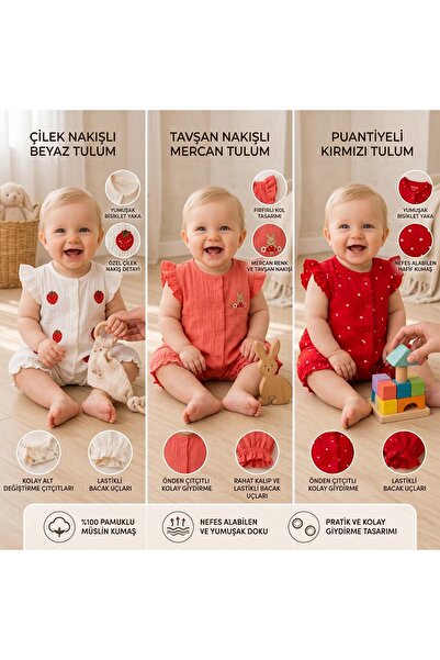 ALTINTAŞ BABY Baby Girl Gift Muslin Jumpsuit 3-Piece Set