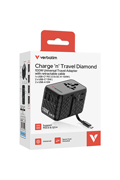 Verbatim GaN cablu retractabil USB-C 2x USB-A + 2x USB-C PD 3.0 QC4 100W Negru-