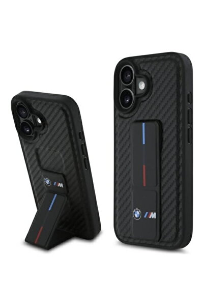 BMW iPhone 16 - Suport de prindere din piele M Grip Stand Smooth și Carbon (B...