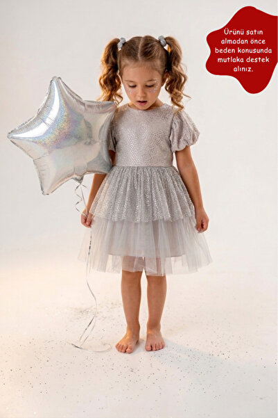 Eray Kids Kız Çocuk Abiye Elbise Fırfırlı Balon Büzgülü Kol Detaylı Tül 3-6 Yaş