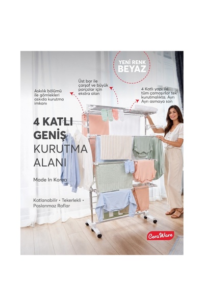 Ceraware Home S4 Premium 4 Katlı BEYAZ Çamaşırlık BEYAZ Made in Korea Tam Kat...