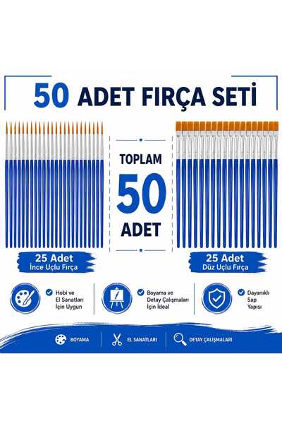 kendinyaphobi 50 Li Fırça Seti Akrilik Yağlı Boya Yassı - Ince Kısa -ince Uzu...