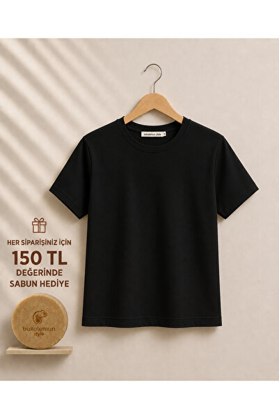 Bukalemun Style LEMUN Kadın Siyah Premium% 100 Pamuk Çelik İnterlok Tişört