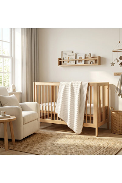 Elf Design Knitted Pattern Baby Pique Organic Cotton Baby Blanket Ecru 120X10...