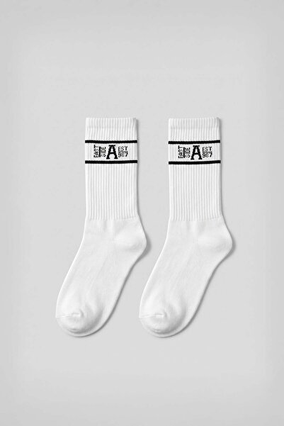 ablukaonline Men's Unisex East Side Printed Long College Tennis Socks White