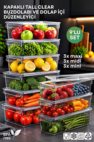 Nandy Home Kapaklı 9'lu Set Tall Clear Buzdolabı & Dolap Içi Düzenleyici Orga...