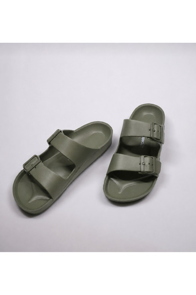 shoecide Haki Erkek Eva Hafif Çift Bant Tokalı Confort Terlik