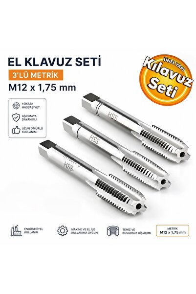 GFB GFB3306 Hss 3'lü Metrik El Takım Klavuzu DIN 352 M - 12 x 1,75 mm Kılavuz...